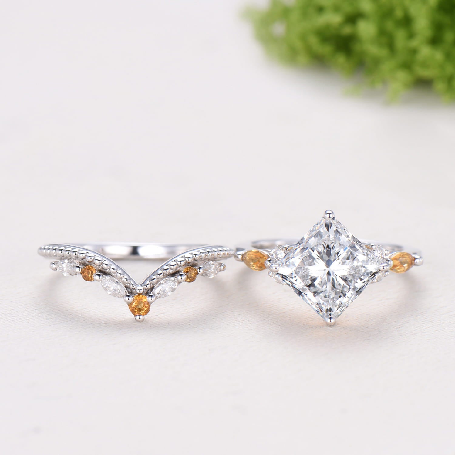 2CT Princess Cut Lab Grown Diamond Engagement Ring Set, Cluster Citrine Bridal Set