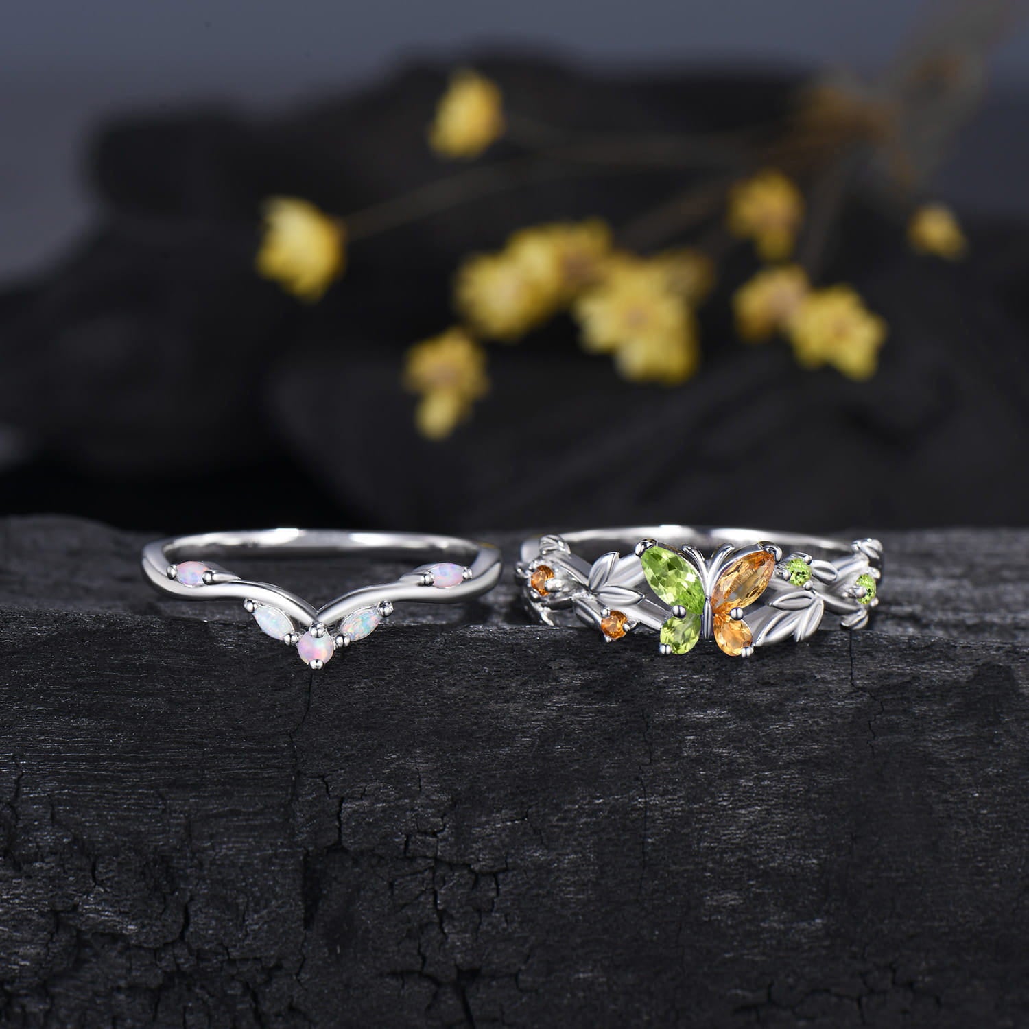 Natural Peridot And Citrine Butterfly Engagement Ring Opal Matching Band Inspired Ring Set