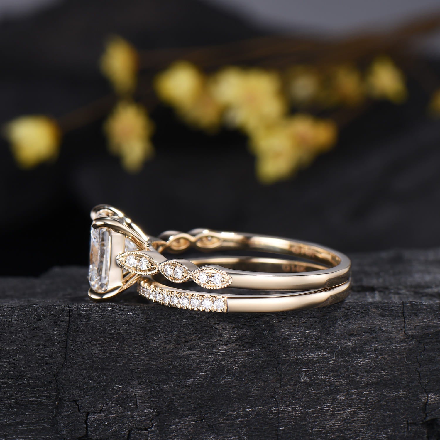 2CT Princess Cut Lab Diamond Engagement Ring Set: 14k Yellow Gold Art Deco Milgrain Marquise Bridal Wedding Set