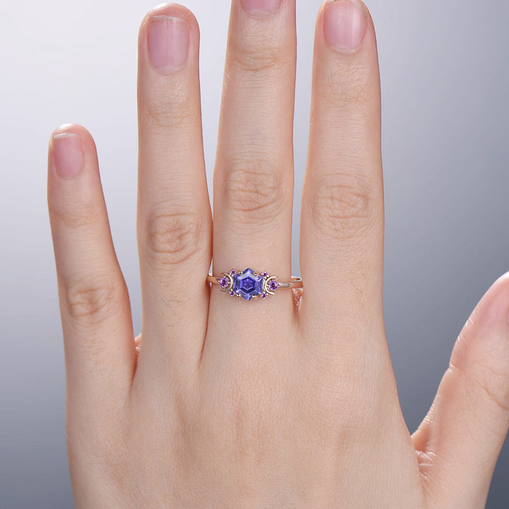 Vintage Purple Sapphire Engagement Ring Unique Hexagon Amethyst Moon Wedding Ring Women February Birthstone Gift Purple Crystal Promise Ring - PENFINE