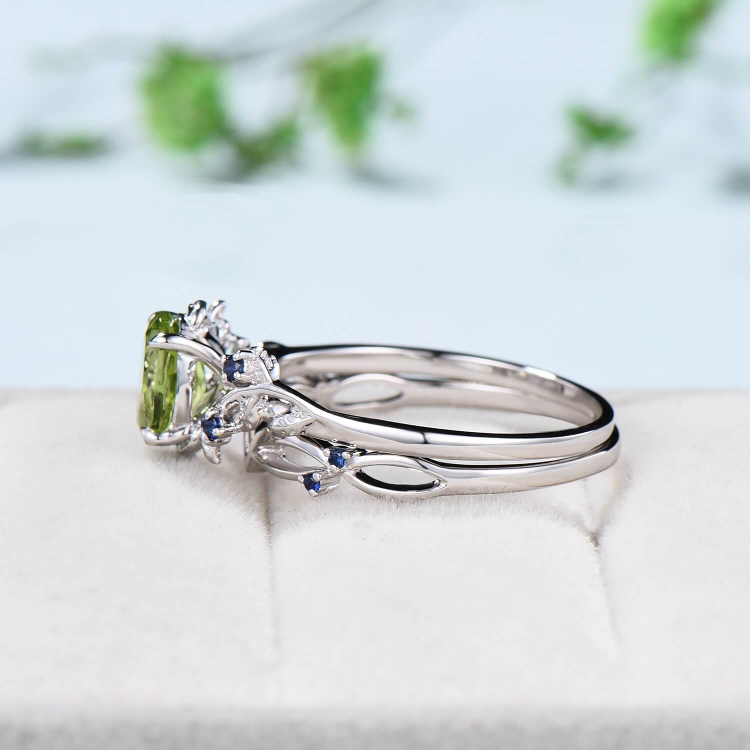 Vintage peridot sapphire wedding ring set Leaf twig engagement ring set Natural Inspired rose gold bridal set for women Branch promise ring - PENFINE