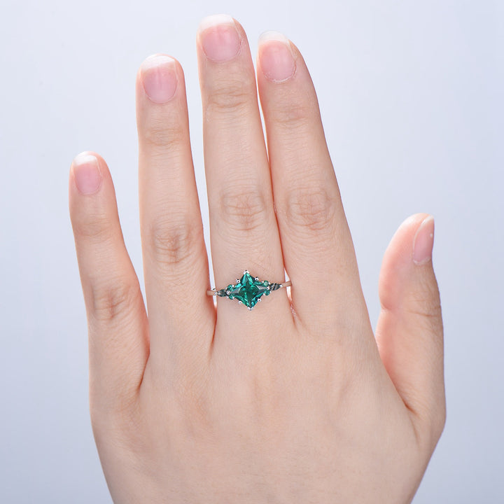 Unique Princess Cut Emerald Engagement Ring Set Silver White Gold Marquise Moss Agate Green Crystal Bridal Wedding Ring Retro Promise Ring - PENFINE