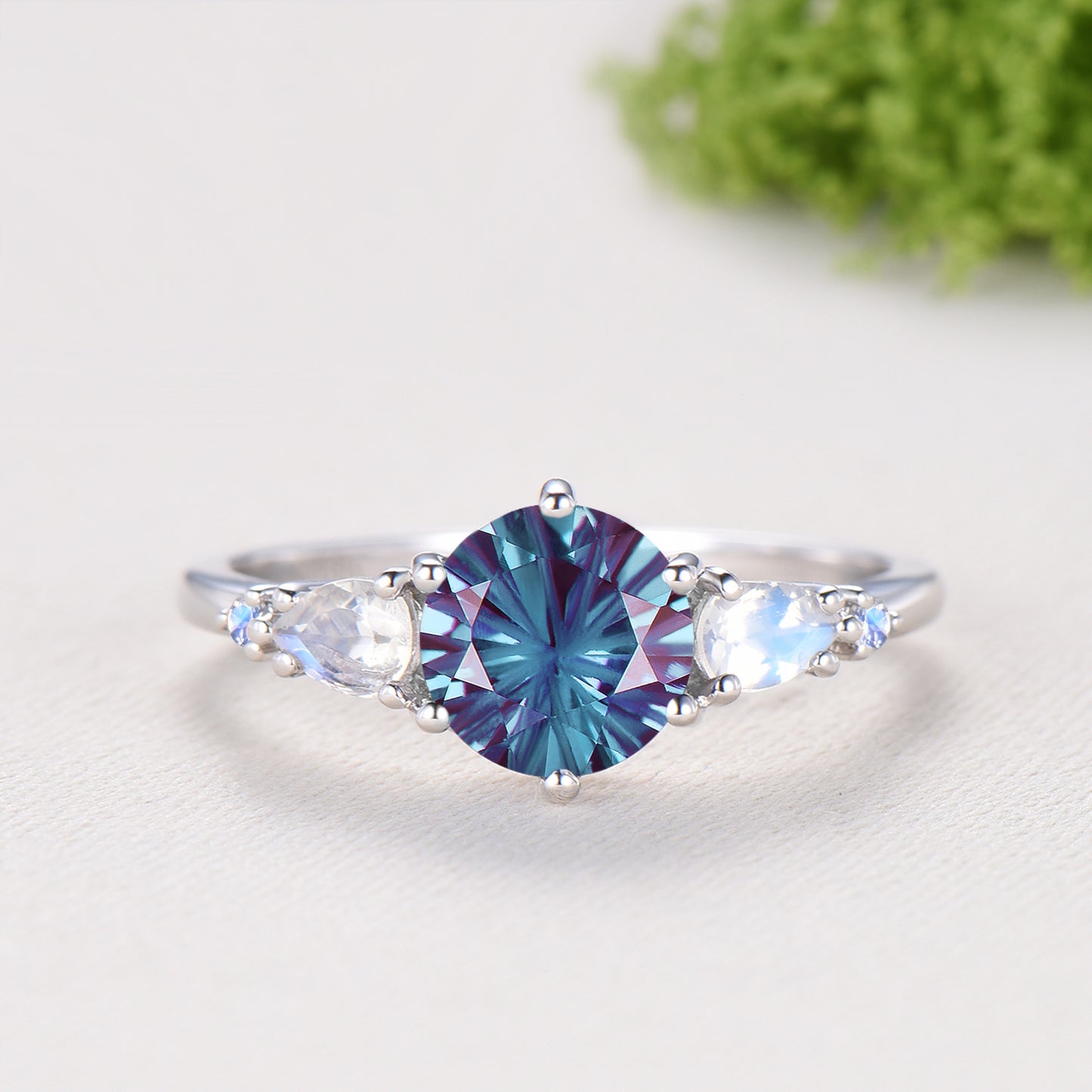 Vintage round cut firework cut alexandrite engagement ring set five stone moonstone band Unique opal bridal wedding ring set for women