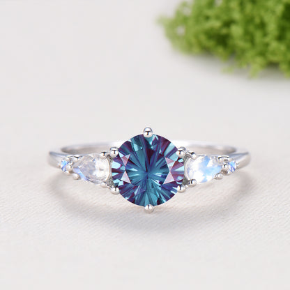 Vintage round cut firework cut alexandrite engagement ring set five stone moonstone band Unique opal bridal wedding ring set for women