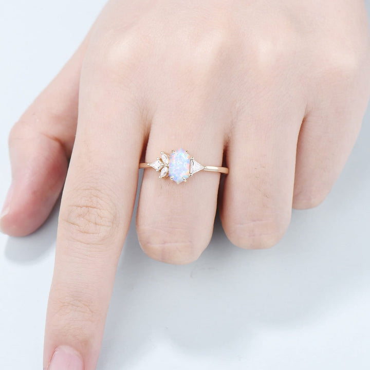 Unique File opal engagement ring long hexagon asymmetrical rose gold white opal wedding ring five moissanite handmade proposal gifts women - PENFINE