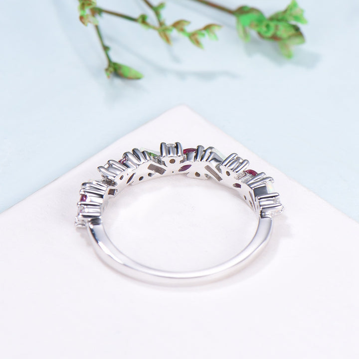 Vintage Fire Opal Ruby Eternity Wedding Band Women Unique Baguette White Opal Stackable Ring Marquise Ruby Matching Band Anniversary Gift - PENFINE