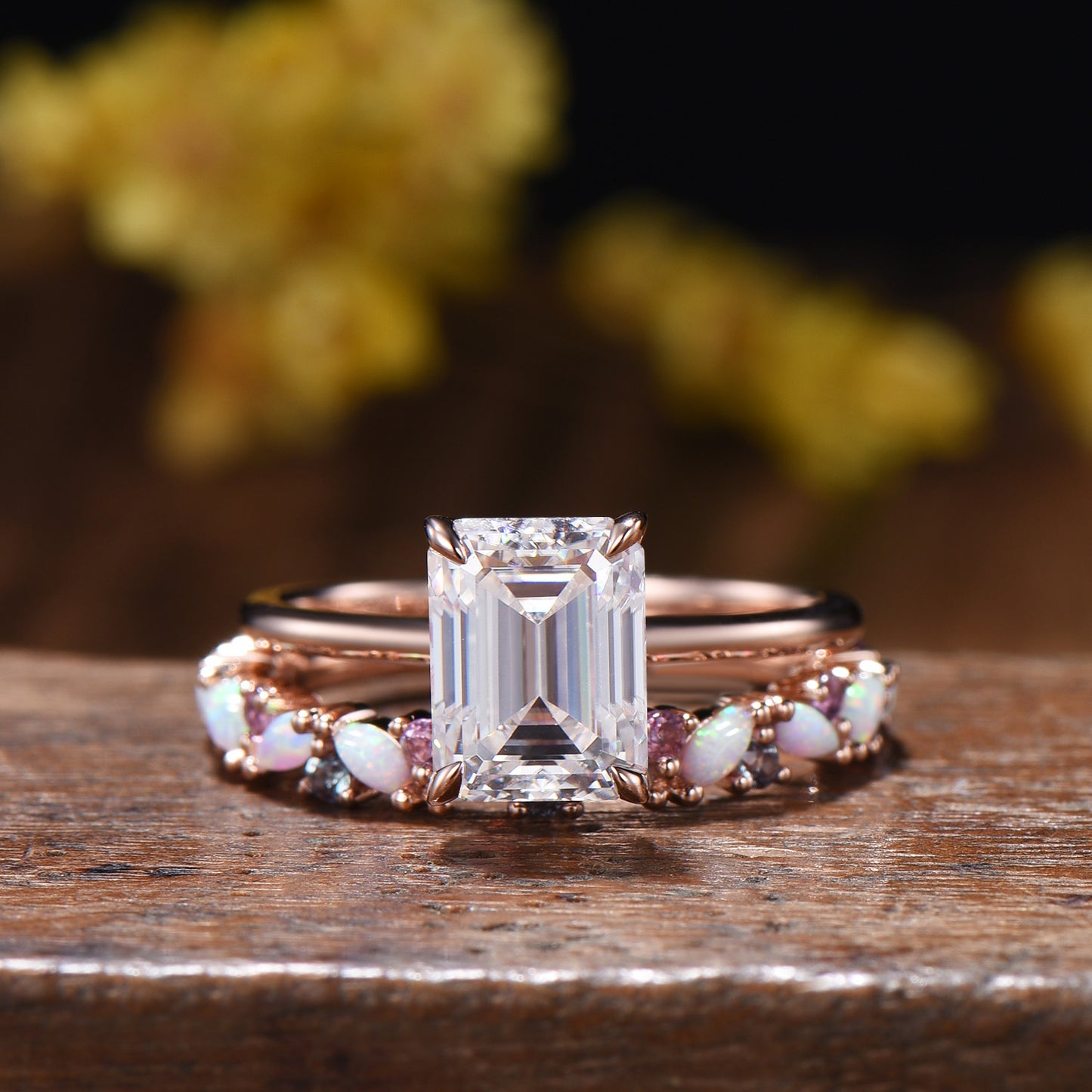 Emerald Cut Moissanite Engagement Ring | 14K Rose Gold Bridal Set, Opal Wedding Band