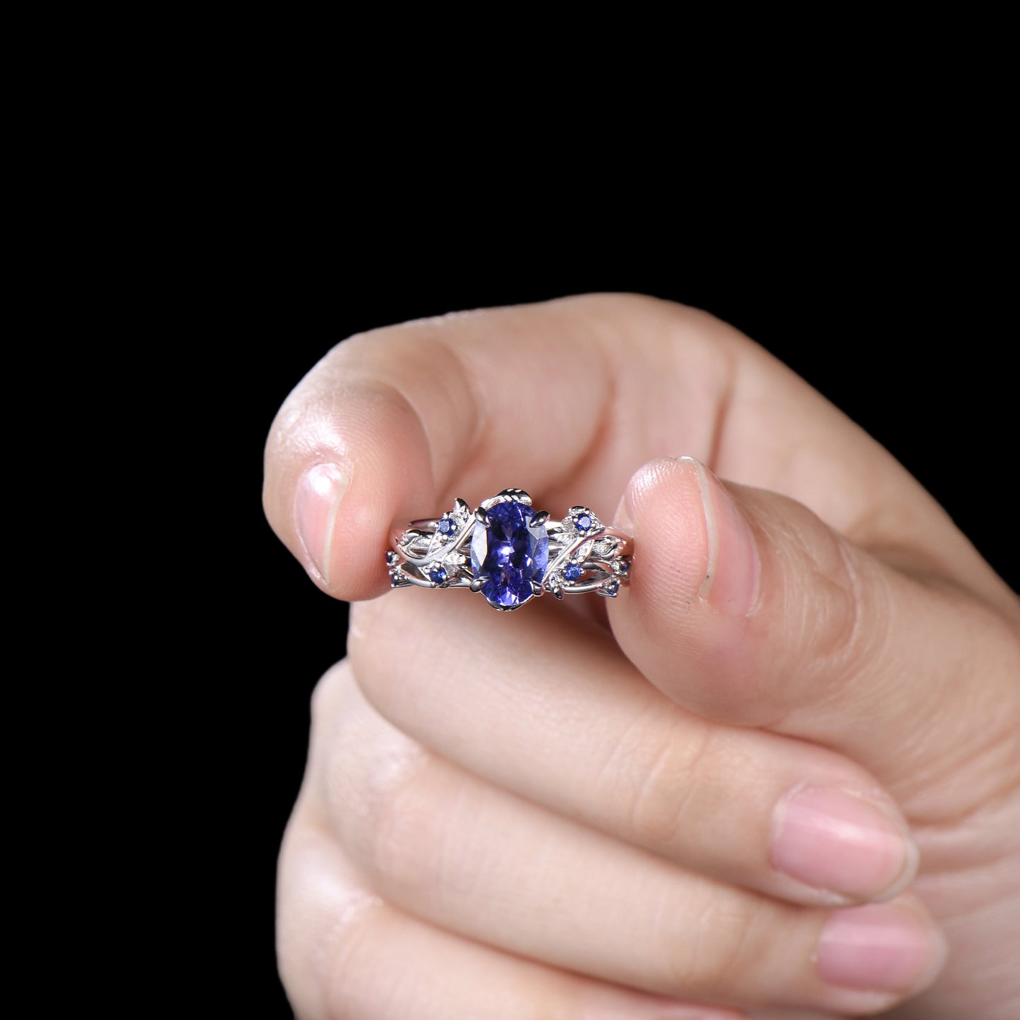 Natural Inspired Tanzanite Ring Set - Leaf Twig Sapphire Wedding Ring