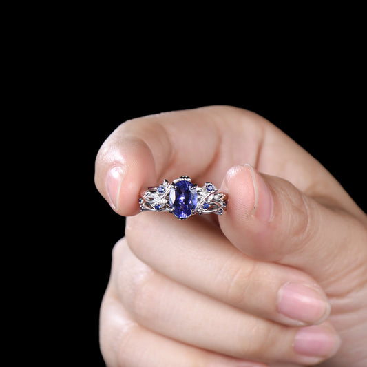 Natural Inspired Tanzanite Ring Set - Leaf Twig Sapphire Wedding Ring