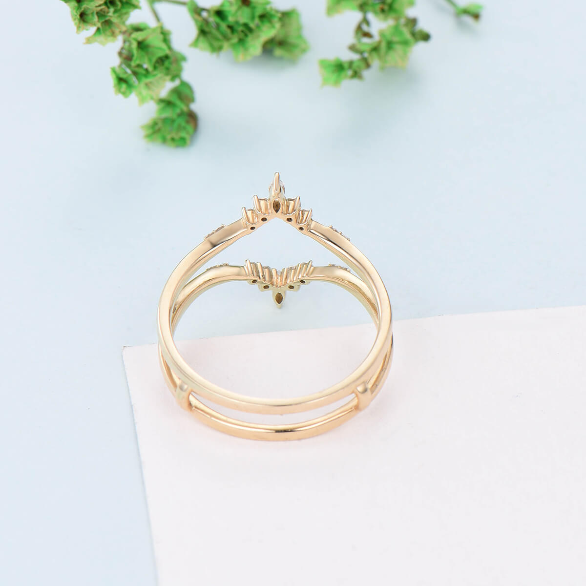 Double Curved V Moissanite Wedding Band Ladies Yellow Gold Wedding Ring Women Vintage Diamond Stacking Bridal Matching Ring Anniversary Gift - PENFINE