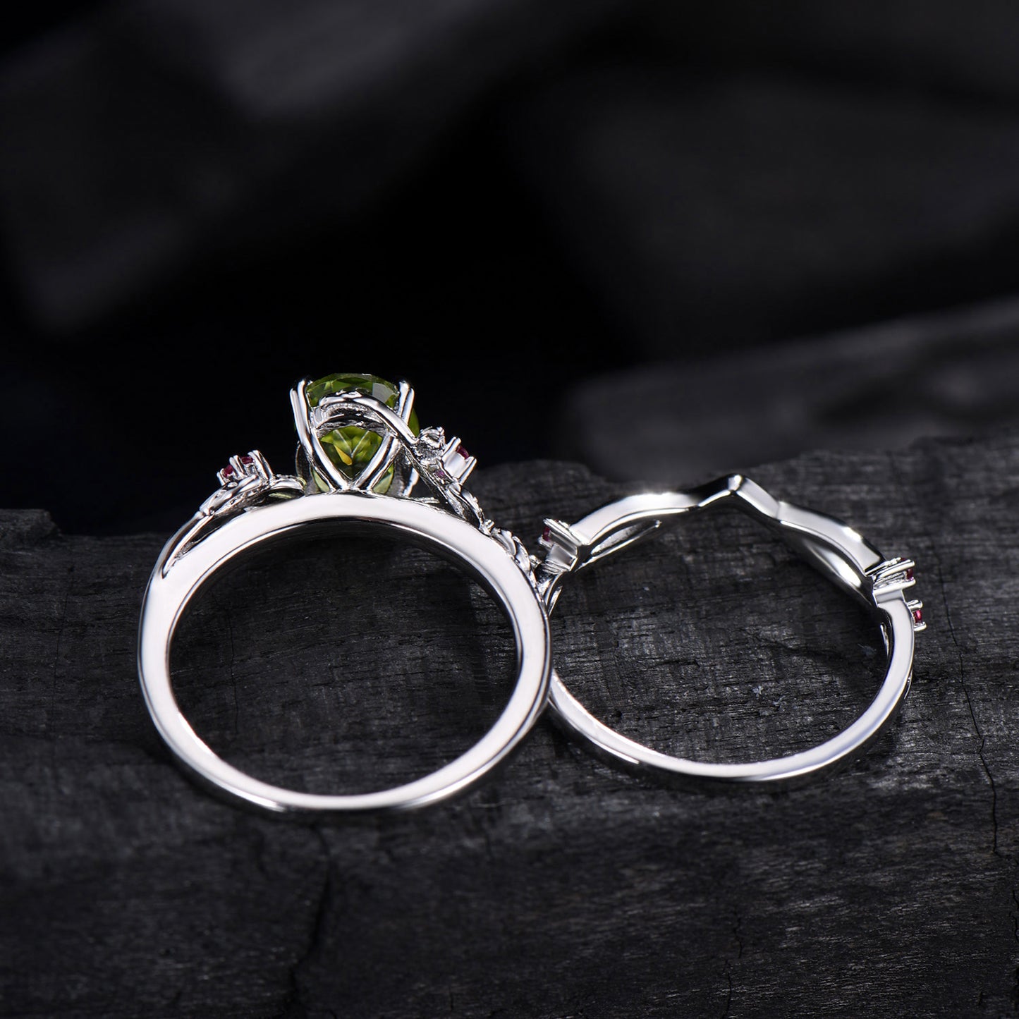 Leaf vine  peridot rubywedding ring set Natural inspired August Birthstone Jewelry