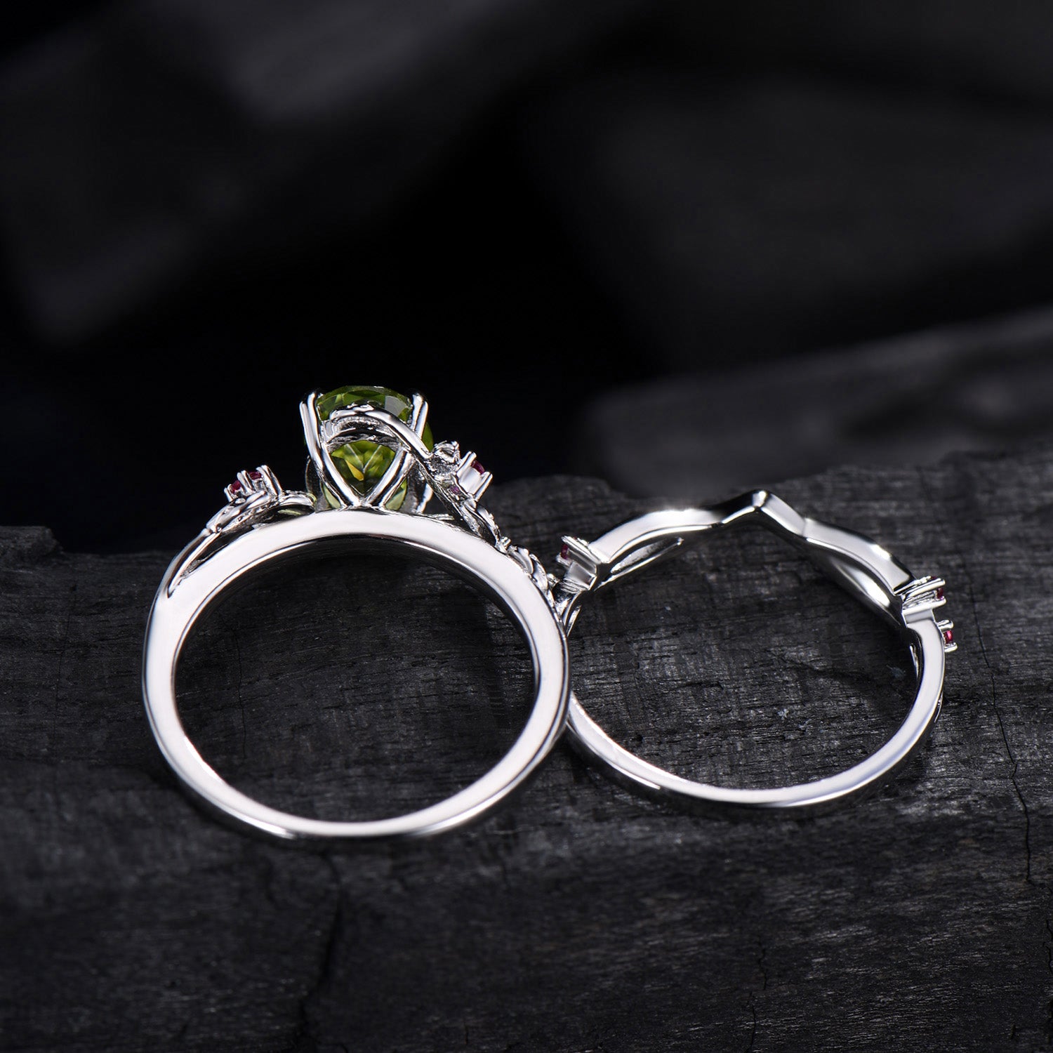Leaf vine  peridot rubywedding ring set Natural inspired August Birthstone Jewelry