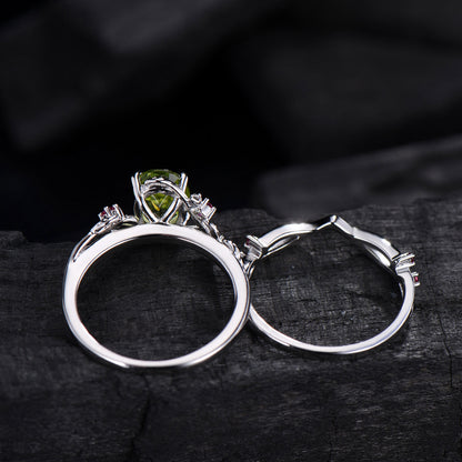 Leaf vine  peridot rubywedding ring set Natural inspired August Birthstone Jewelry