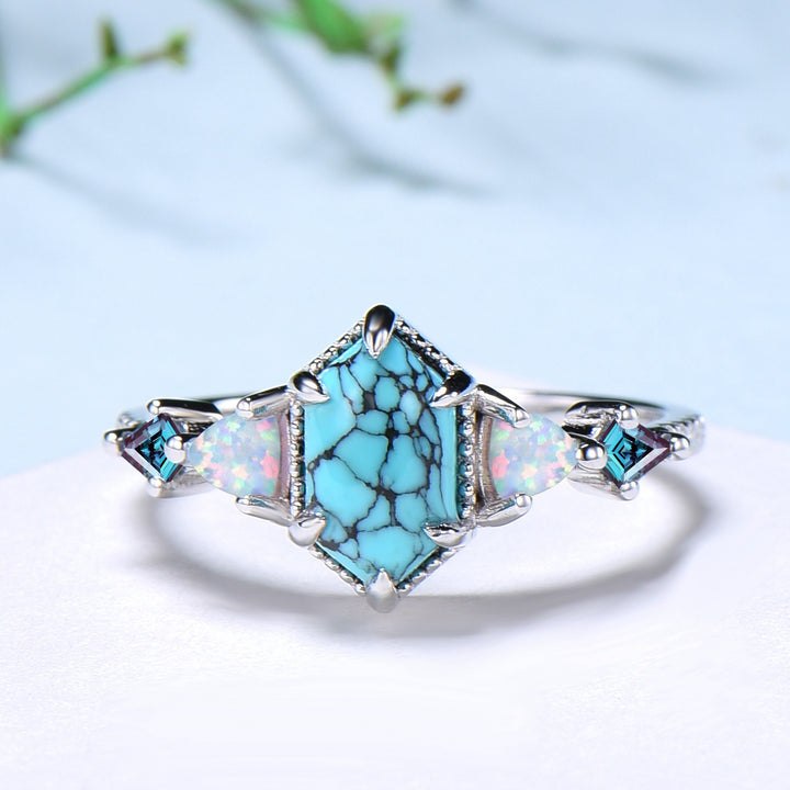 Vintage 5X9mm long hexagon turquoise engagement ring set unique triangle fire opal kite alexandrite wedding ring set double curved v band - PENFINE