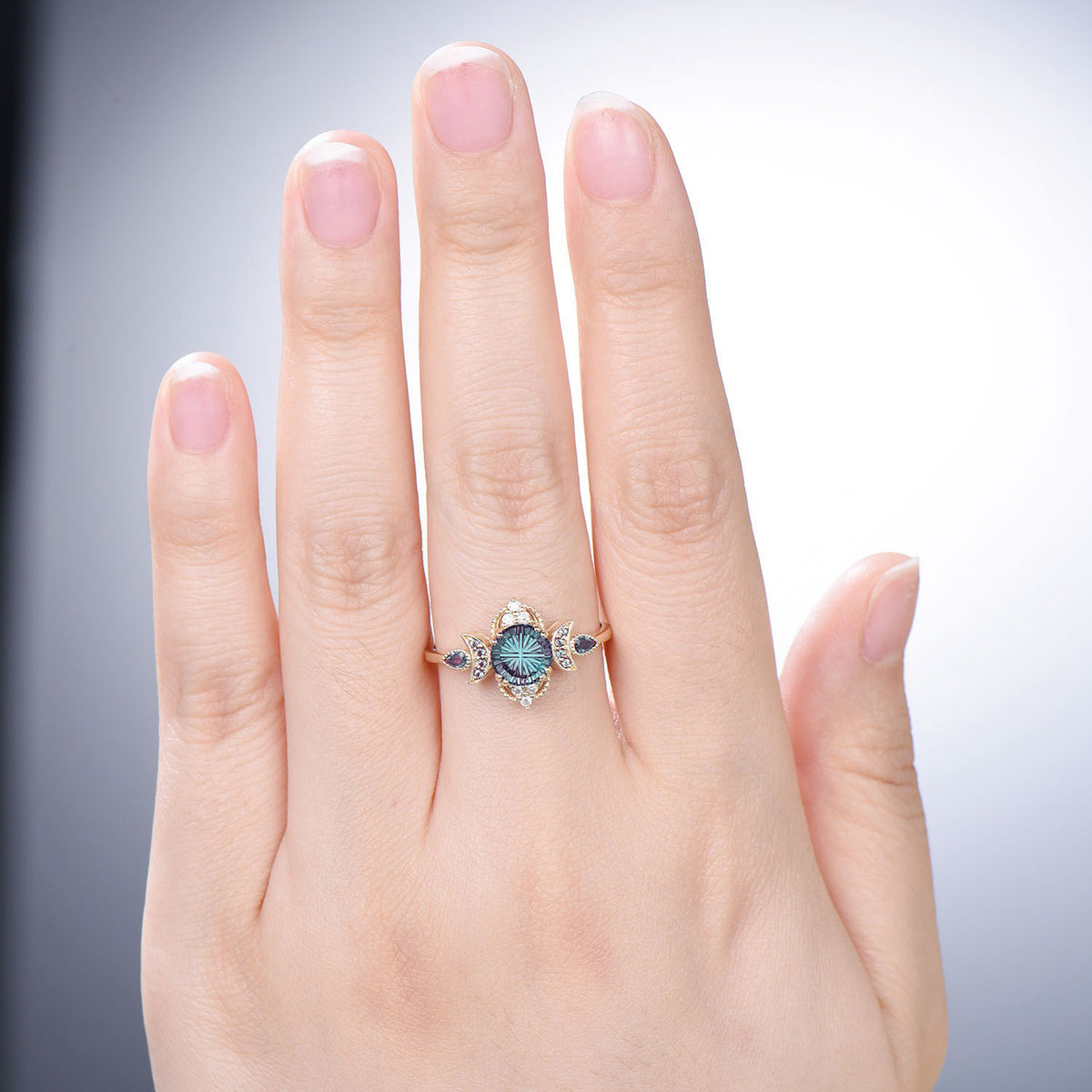 Round Shaped Fantasy Cut Alexandrite Moon Engagement Ring Diamond Art Deco Ring
