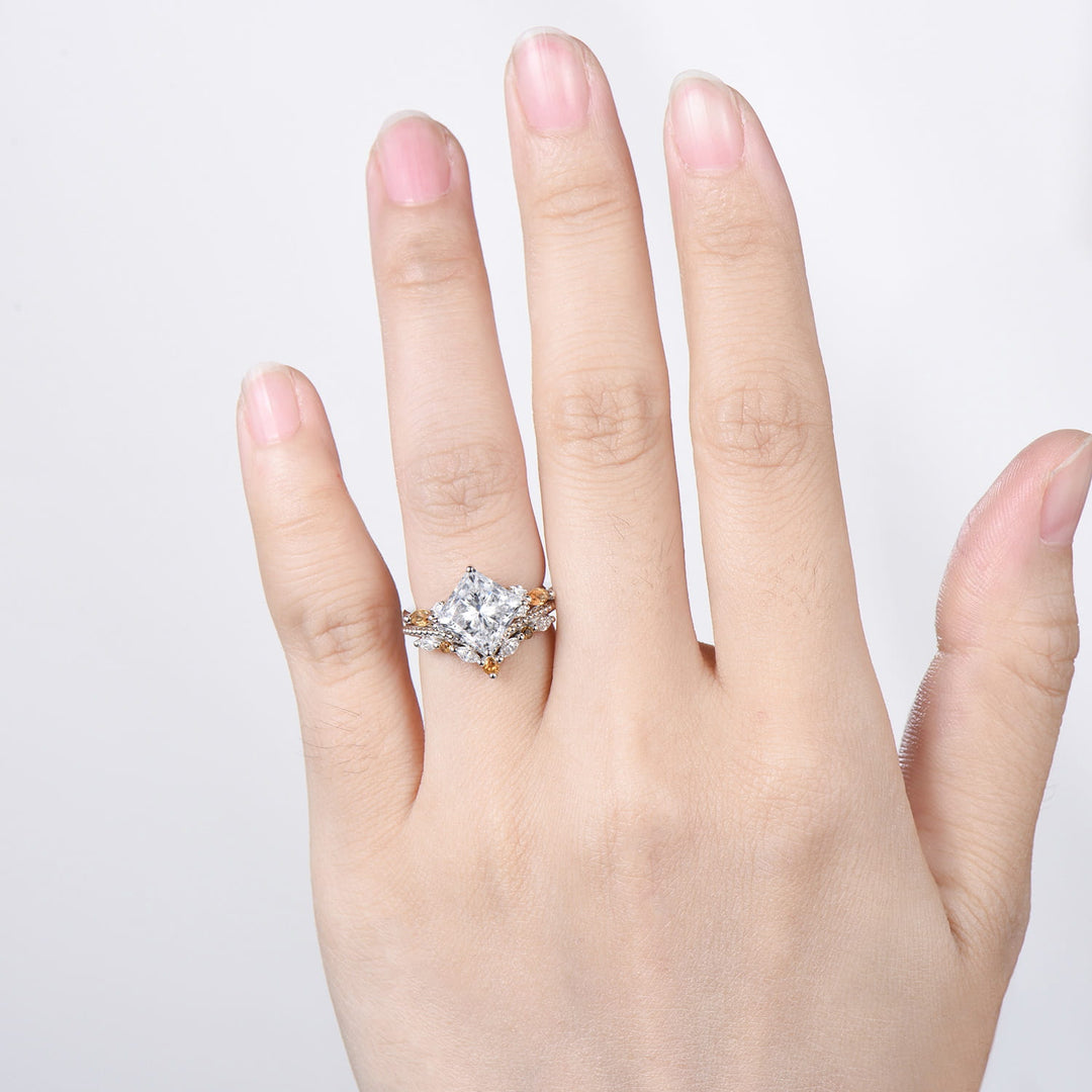 2CT Princess Cut Lab Grown Diamond Engagement Ring Set, Cluster Citrine Bridal Set