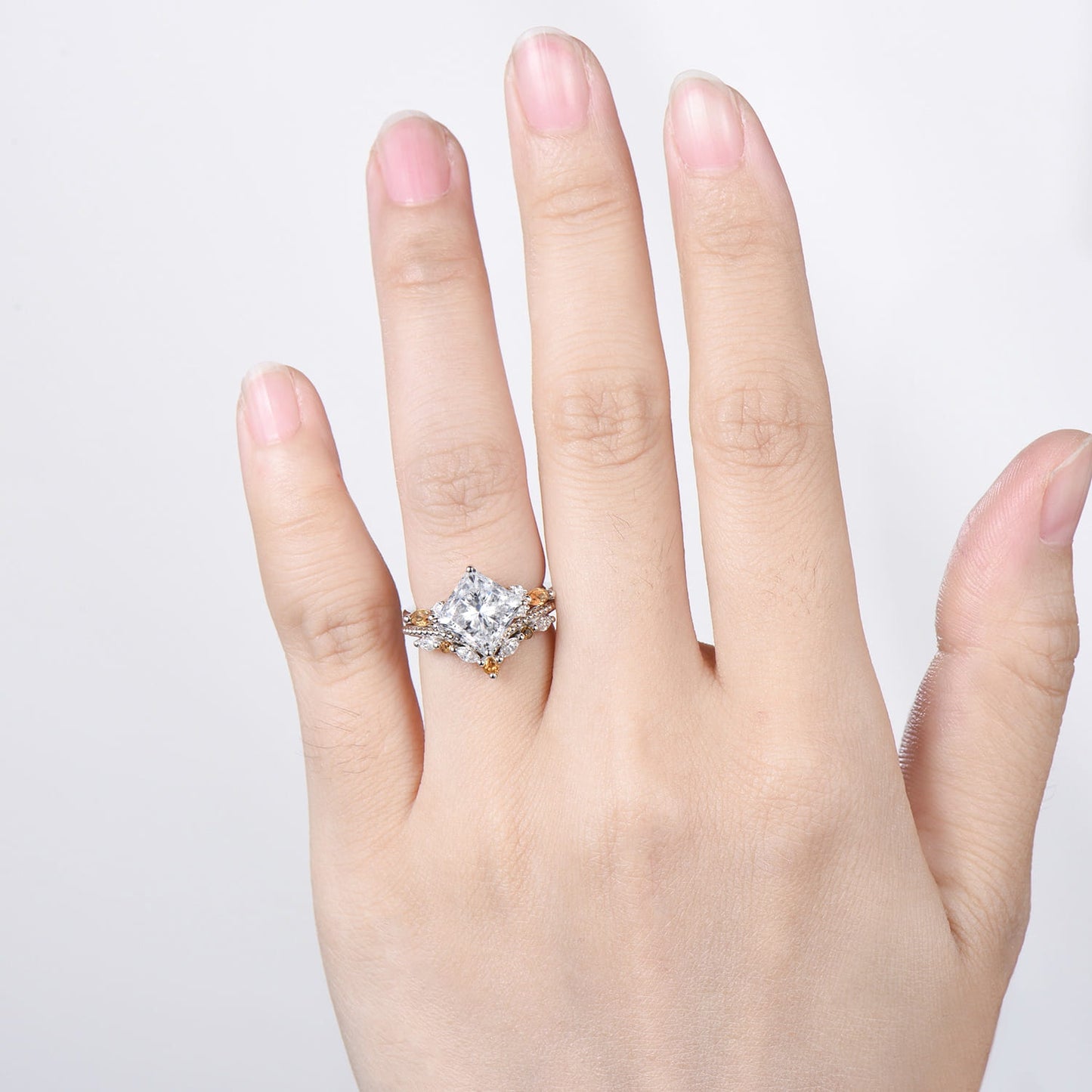 2CT Princess Cut Lab Grown Diamond Engagement Ring Set, Cluster Citrine Bridal Set