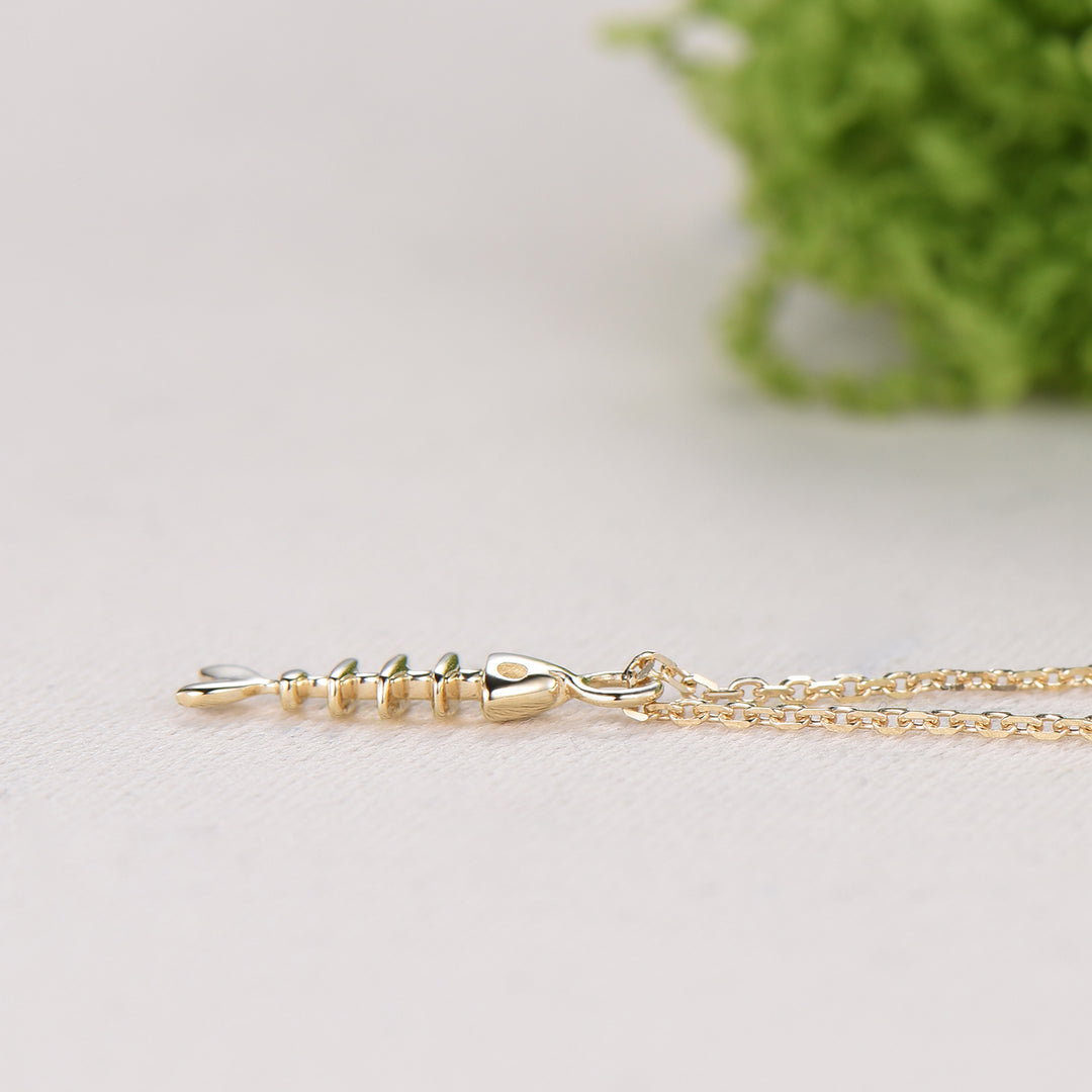Dainty Fishbone Necklace Unique Fish Pendant 9K/14K/18K Yellow Gold Fish Necklace Fish Bone Necklace Vintage Fish Charm Christian Necklace - PENFINE