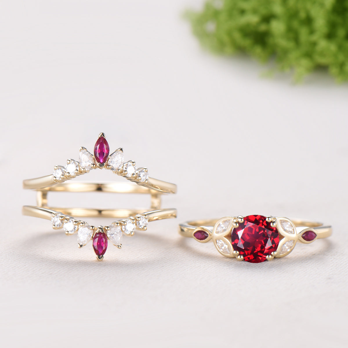 1CT Round Lab Ruby Engagement Ring Bezel Set Marquise Cut Enhancer Band Bridal Set