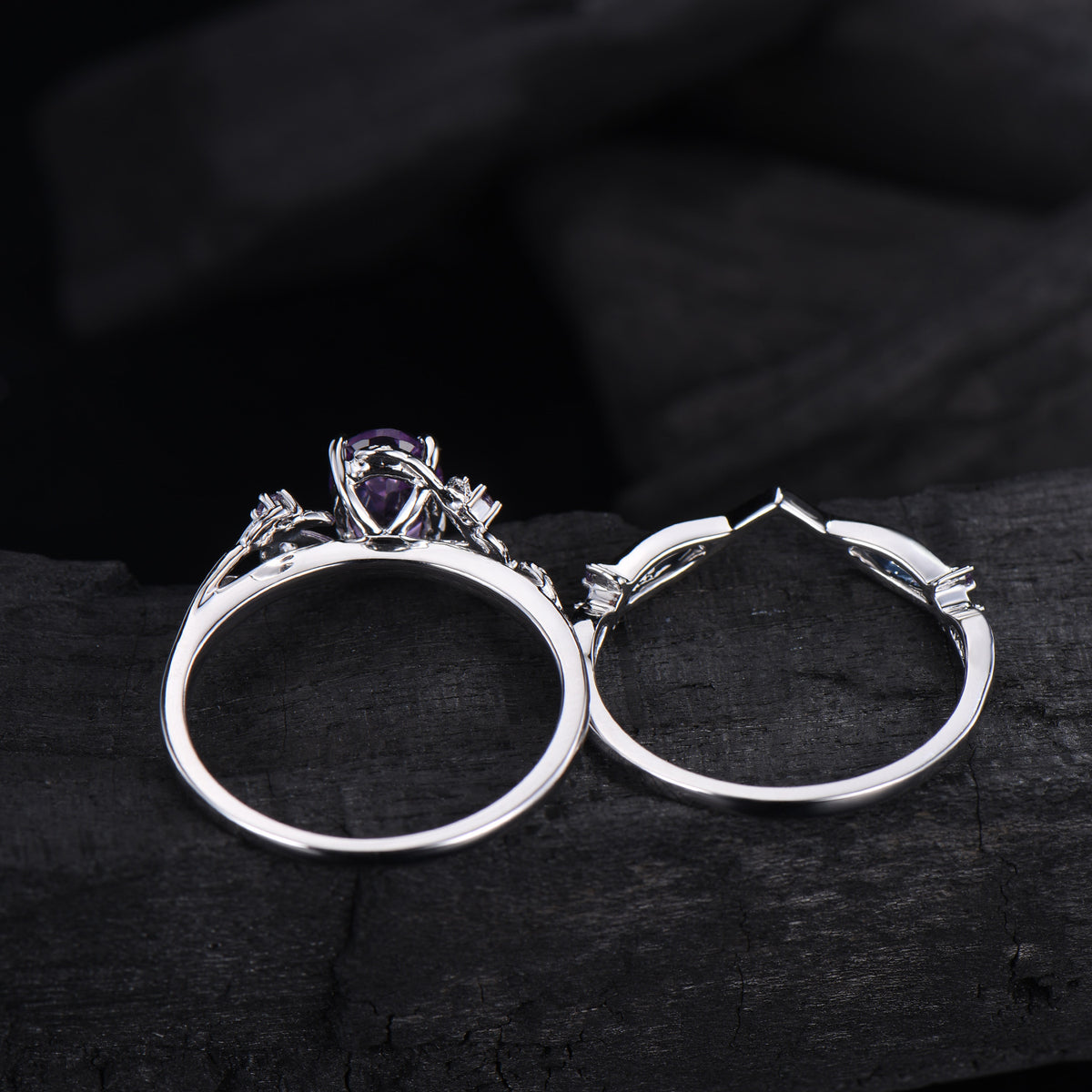 Nature Inspired amethyst ring set cluster rose gold purple amethyst engagement ring vintage unique Leaf crystal wedding ring set for women