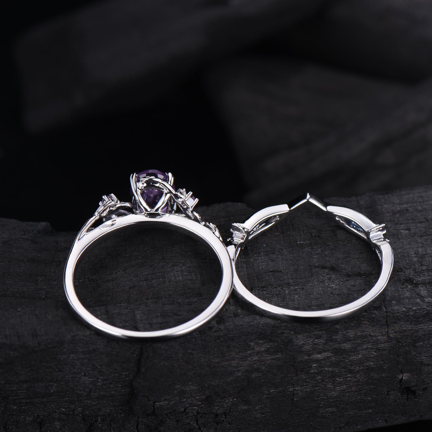 Nature Inspired amethyst ring set cluster rose gold purple amethyst engagement ring vintage unique Leaf crystal wedding ring set for women