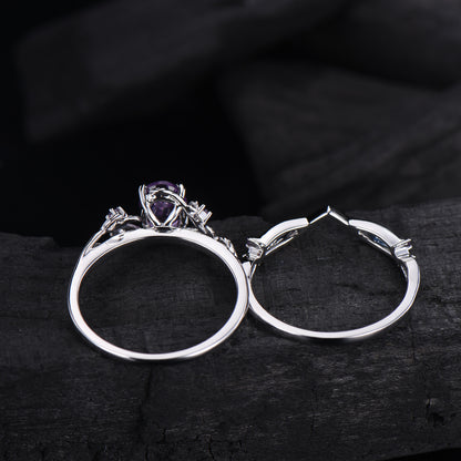 Nature Inspired amethyst ring set cluster rose gold purple amethyst engagement ring vintage unique Leaf crystal wedding ring set for women