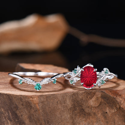 Oval Shaped Fantasy Cut Ruby leaf Engagement Ring Emerald Nature Inspired Ring Bridal Set