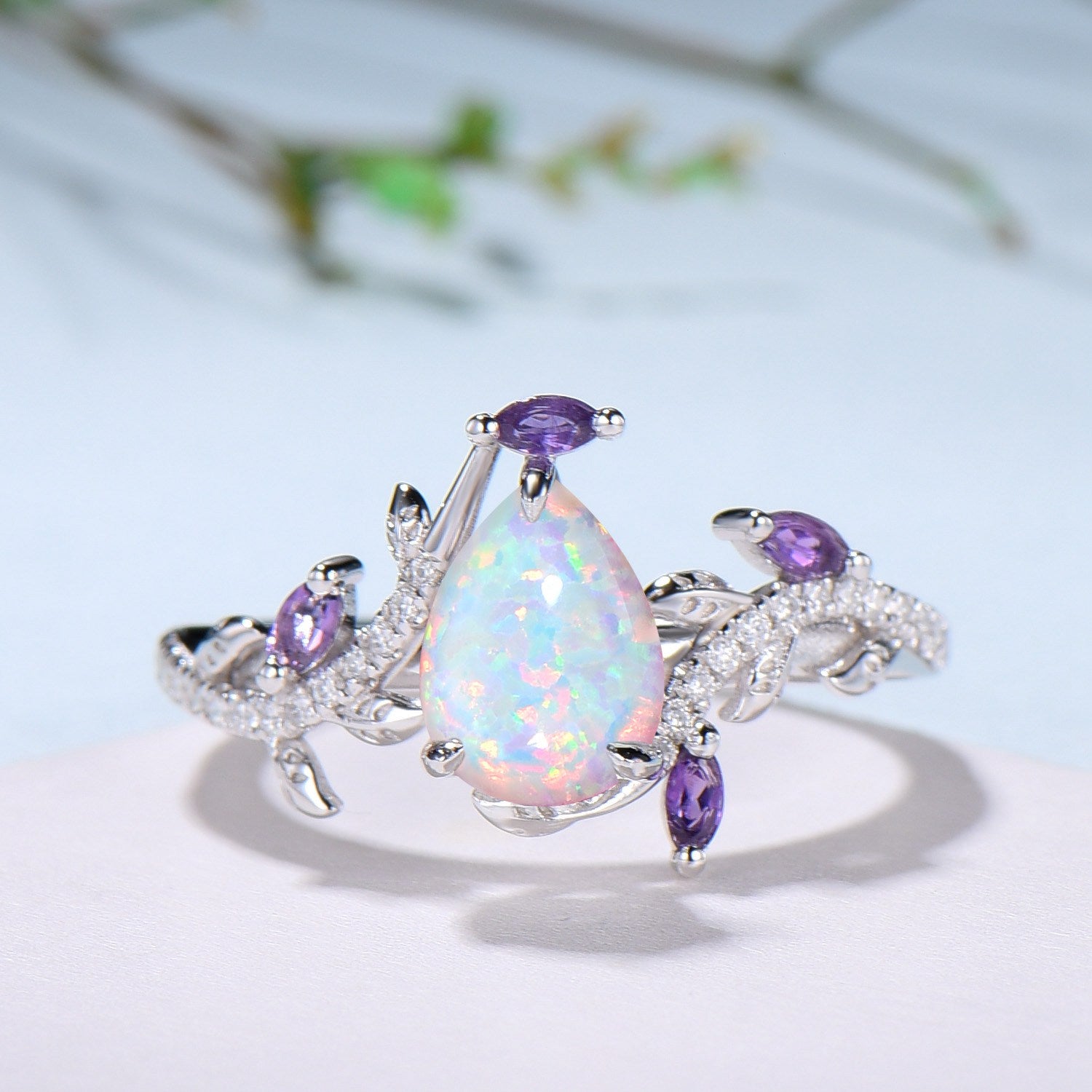 Vintage Pear Shaped White Fire Opal Engagement Ring Set Nature Inspired Snake Marqusie Opal Wedding Set 14K Rose Gold Amethyst Bridal Set - PENFINE