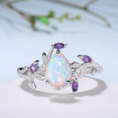 Vintage Pear Shaped White Fire Opal Engagement Ring Set Nature Inspired Snake Marqusie Opal Wedding Set 14K Rose Gold Amethyst Bridal Set - PENFINE