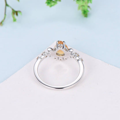 Vintage Pear Shaped Citrine Engagement Ring Unique Crescent moon orange citrine gold wedding ring women celestial anniversary gift for her - PENFINE