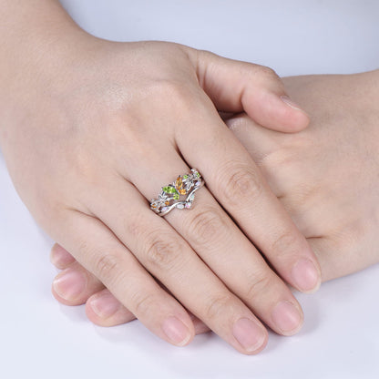 Natural Peridot And Citrine Butterfly Engagement Ring Opal Matching Band Inspired Ring Set