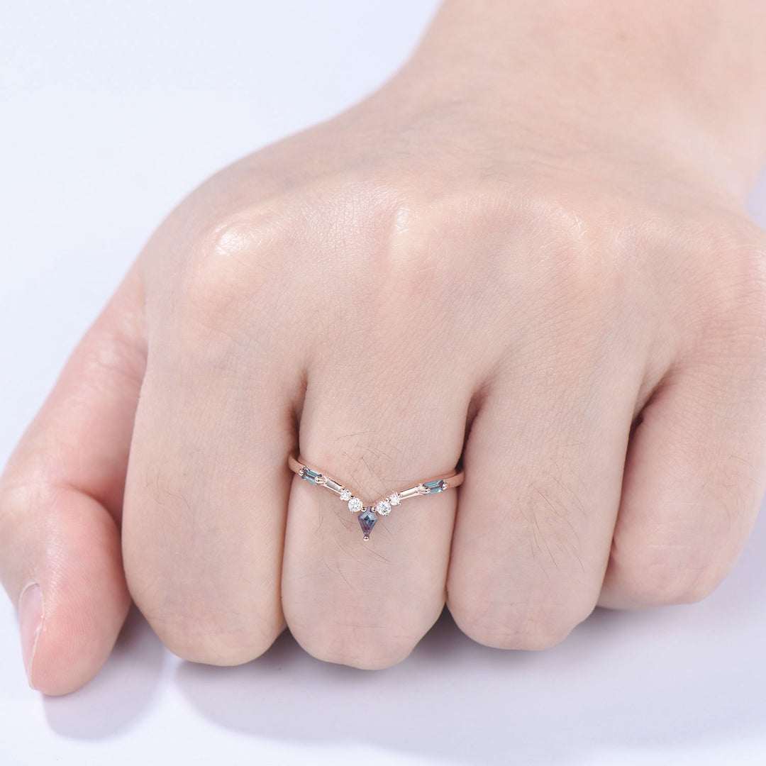 Curved Kite and Baguette Cut Alexandrite Wedding Band, Rose Gold Cluster Moissanite Ring - PENFINE