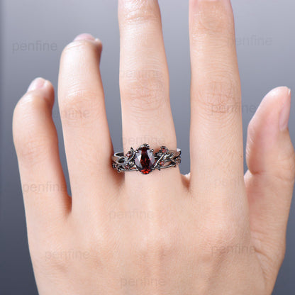 Nature Inspired Leaf ruby ring set black gold branch twig lab ruby engagement ring women unique July birthstone wedding ring set for women - PENFINE