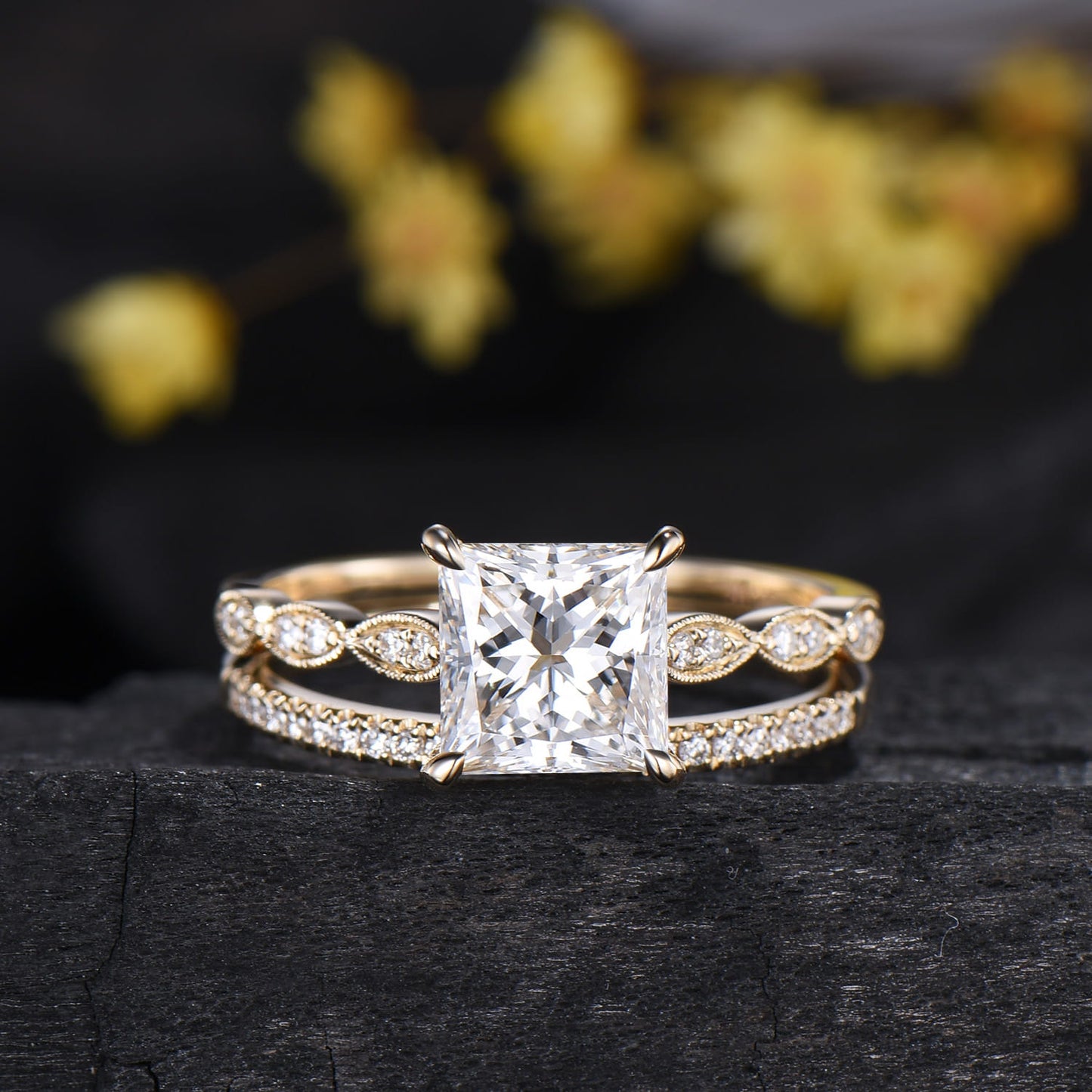 2CT Princess Cut Lab Diamond Engagement Ring Set: 14k Yellow Gold Art Deco Milgrain Marquise Bridal Wedding Set