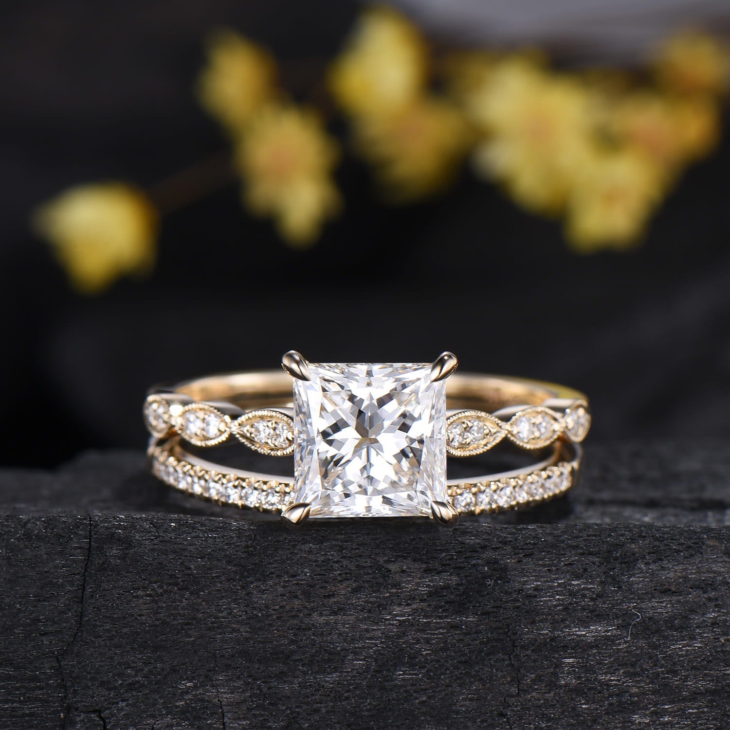 2CT Princess Cut Lab Diamond Engagement Ring Set: 14k Yellow Gold Art Deco Milgrain Marquise Bridal Wedding Set