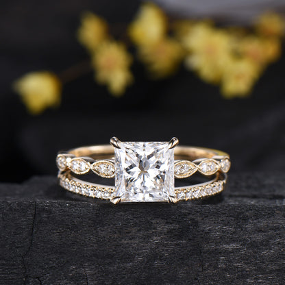 2CT Princess Cut Lab Diamond Engagement Ring Set: 14k Yellow Gold Art Deco Milgrain Marquise Bridal Wedding Set