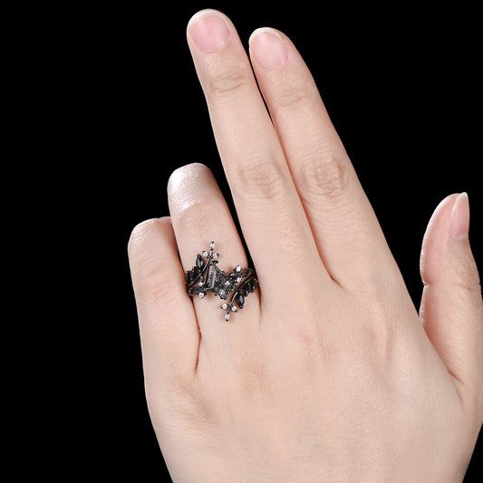 Unique gothic kite cut black rutilated quartz engagement ring set black gold cluster engagement ring leaf branch nature inspired wedding set
