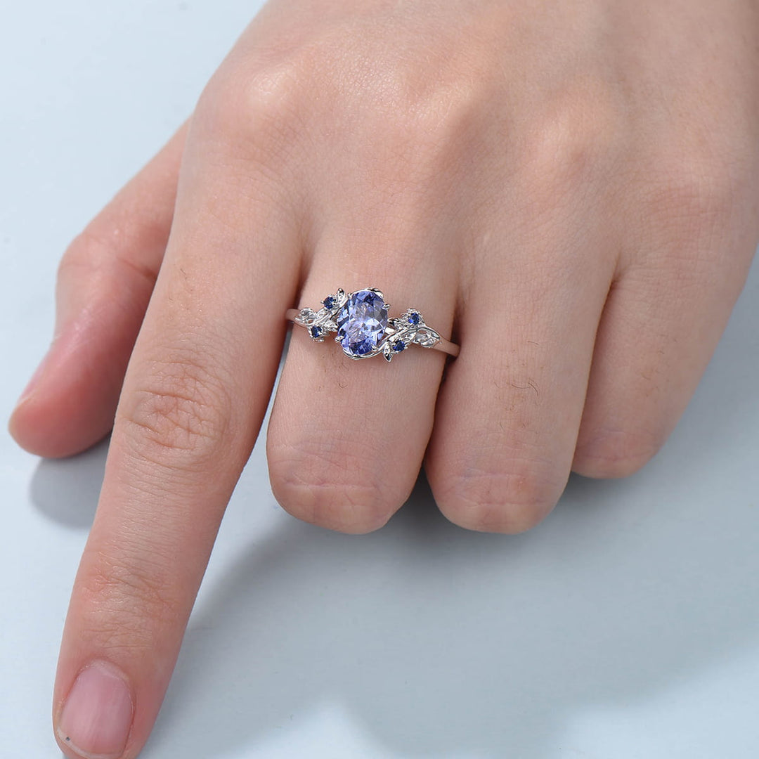 Elegant Blue Tanzanite Ring Vintage Unique Twig Engagement Ring Leaf Cluster Wedding Ring Women Nature inspired Branch Ring Proposal Gift - PENFINE