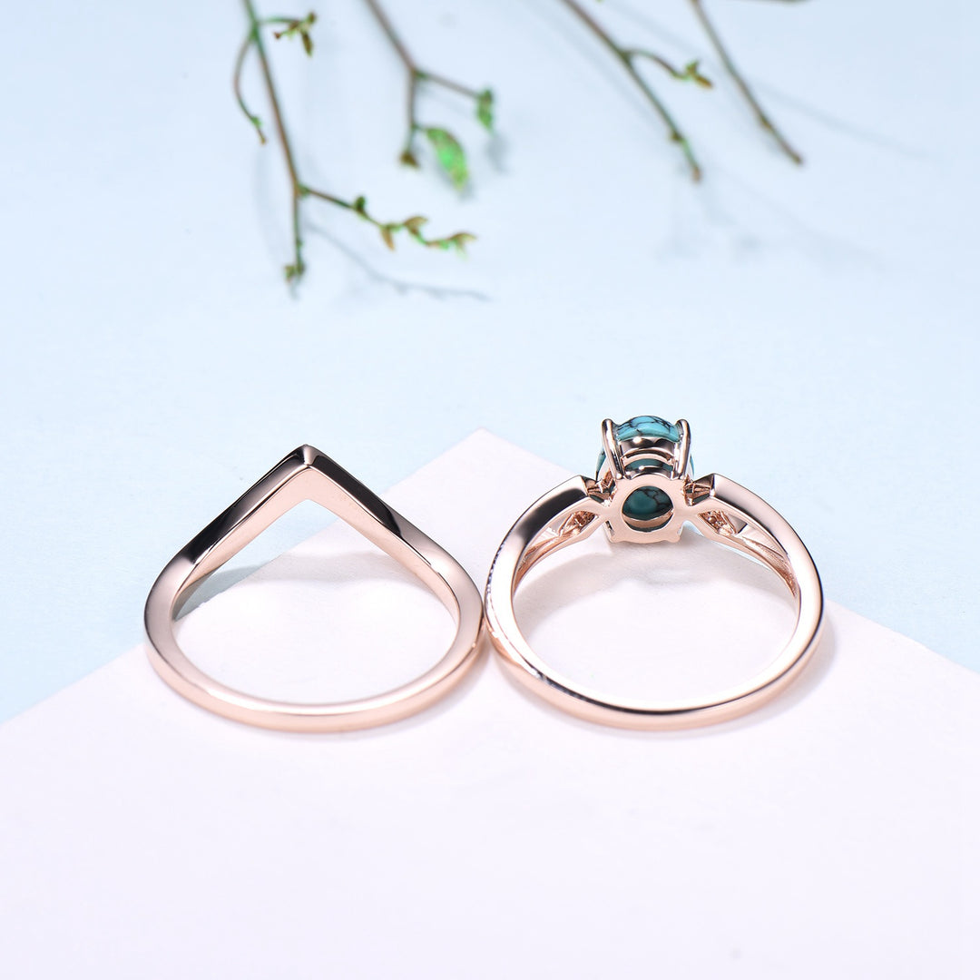 Unique Oval Turquoise engagement ring set 14k white gold vintage split shank engagement ring for women Blue Enamel Wedding Ring Antique Gift - PENFINE