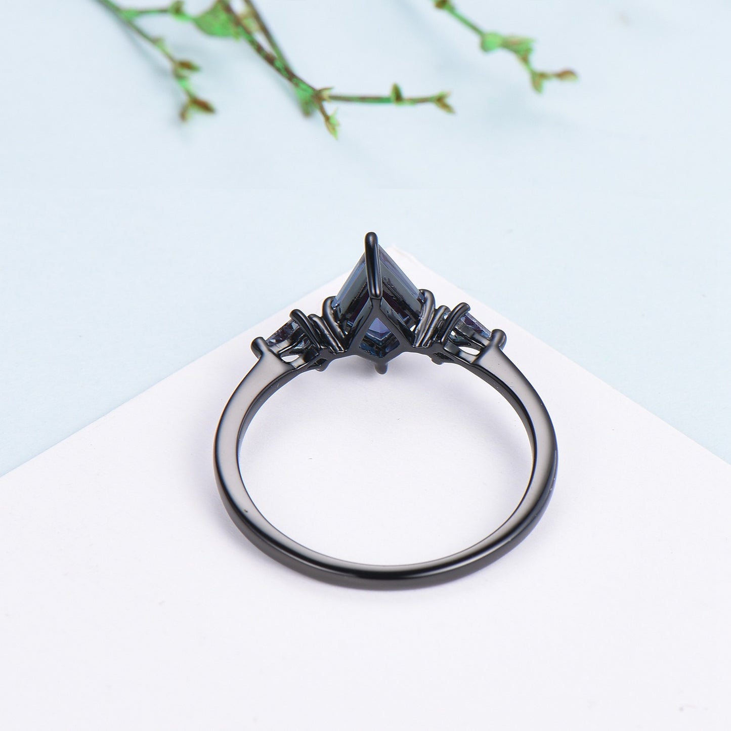 Dainty Black Gold Kite Cut Alexandrite Engagement Ring Minimalist Three Stone - PENFINE