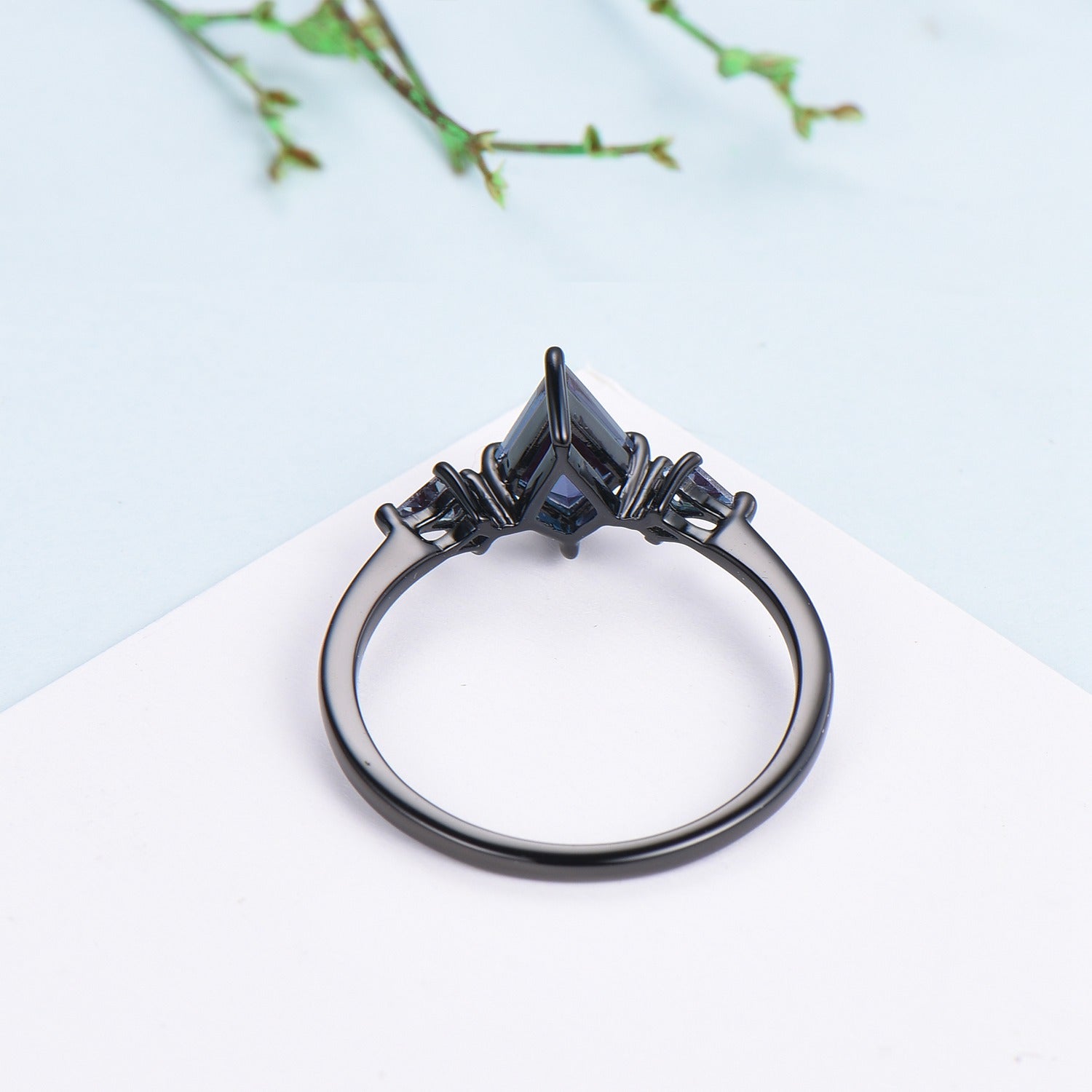 Dainty Black Gold Kite Cut Alexandrite Engagement Ring Minimalist Three Stone - PENFINE