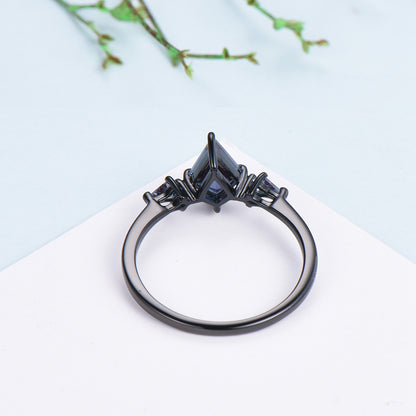 Dainty Black Gold Kite Cut Alexandrite Engagement Ring Minimalist Three Stone - PENFINE