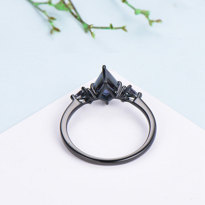 Dainty Black Gold Kite Cut Alexandrite Engagement Ring Minimalist Three Stone Dainty Wedding Ring Unique Handmade Proposal Gifts for Women - PENFINE