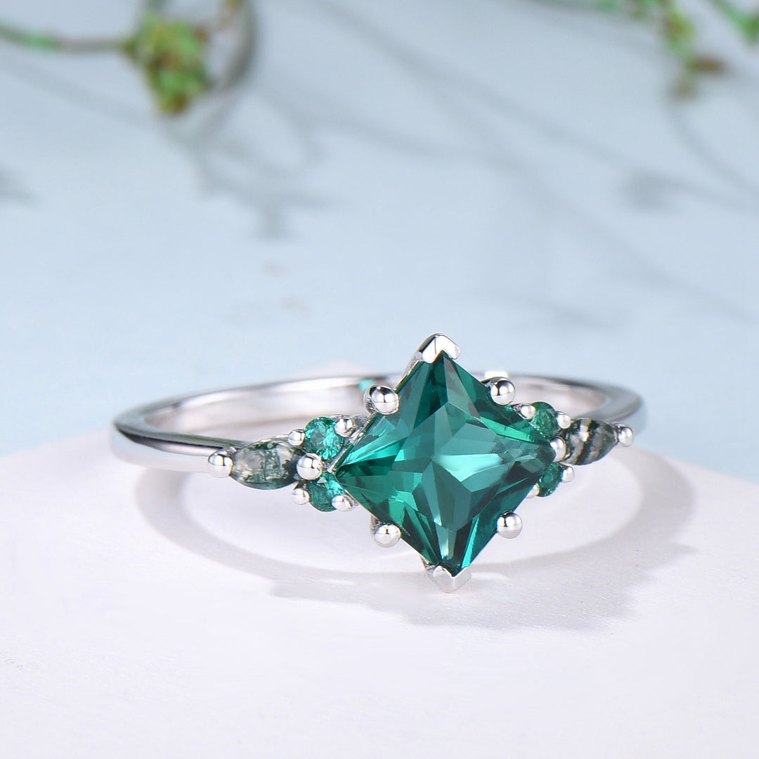 Unique Princess Cut Emerald Engagement Ring Set Silver White Gold Marquise Moss Agate Green Crystal Bridal Wedding Ring Retro Promise Ring - PENFINE