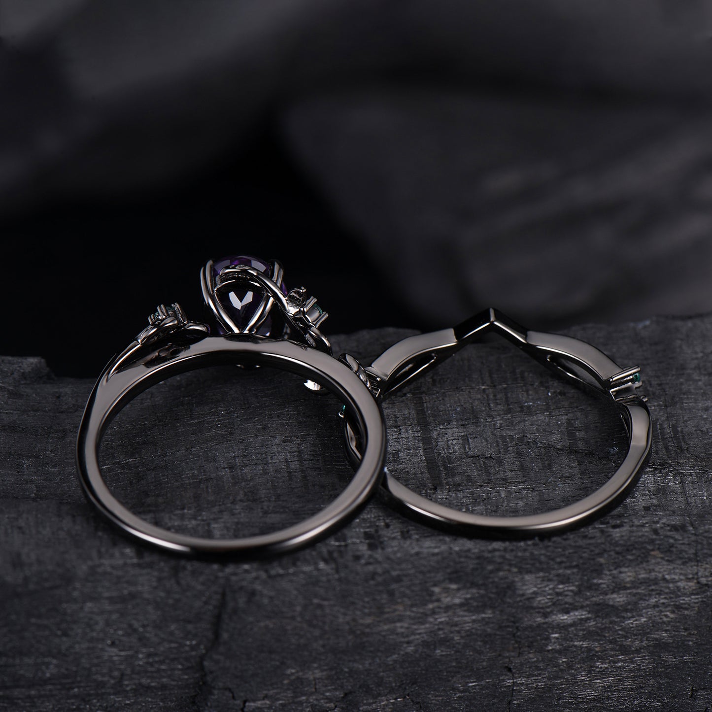 Unique black gold amethyst ring set Nature Inspired purple amethyst engagement ring vintage cluster emerald Leaf wedding ring set for women