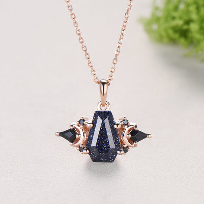 Coffin Cut Blue Sandstone Moon Gothic Necklace Black Spinel Rose Gold Pendant