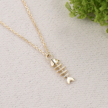 Dainty Fishbone Necklace Unique Fish Pendant 9K/14K/18K Yellow Gold Fish Necklace Fish Bone Necklace Vintage Fish Charm Christian Necklace - PENFINE