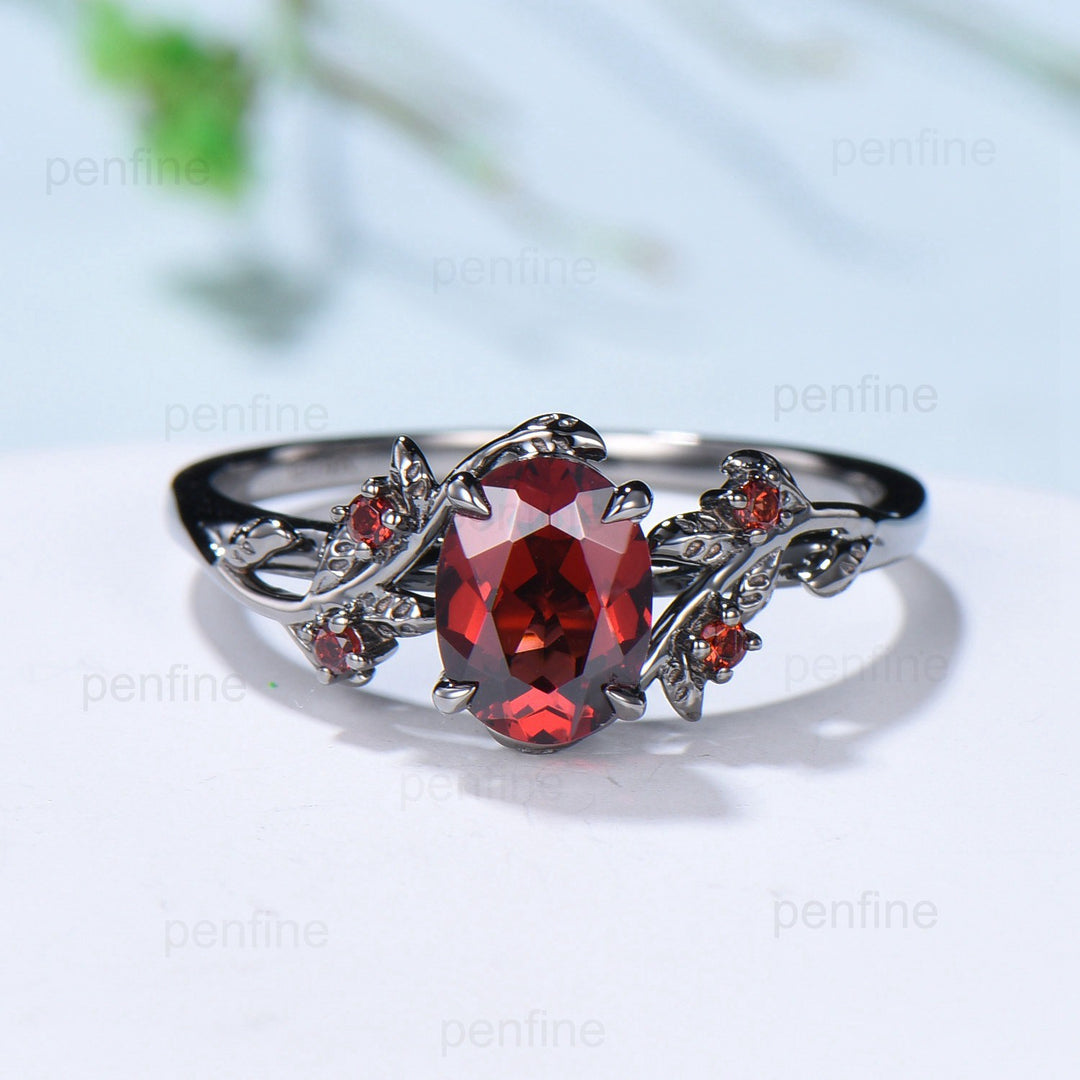 Nature Inspired Leaf ruby ring set black gold branch twig lab ruby engagement ring women unique July birthstone wedding ring set for women - PENFINE