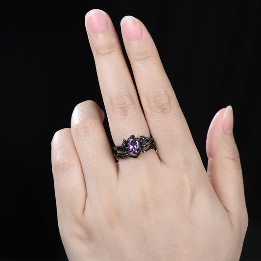 Unique black gold amethyst ring set Nature Inspired purple amethyst engagement ring vintage cluster emerald Leaf wedding ring set for women