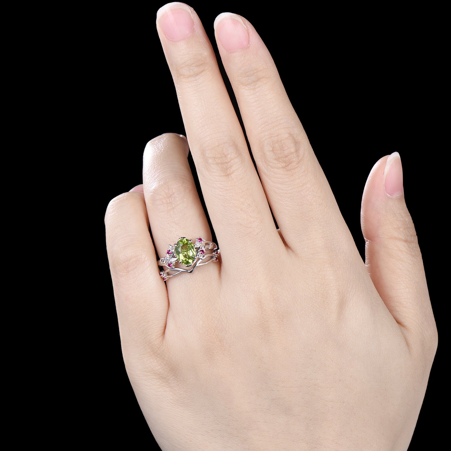 Leaf vine  peridot rubywedding ring set Natural inspired August Birthstone Jewelry